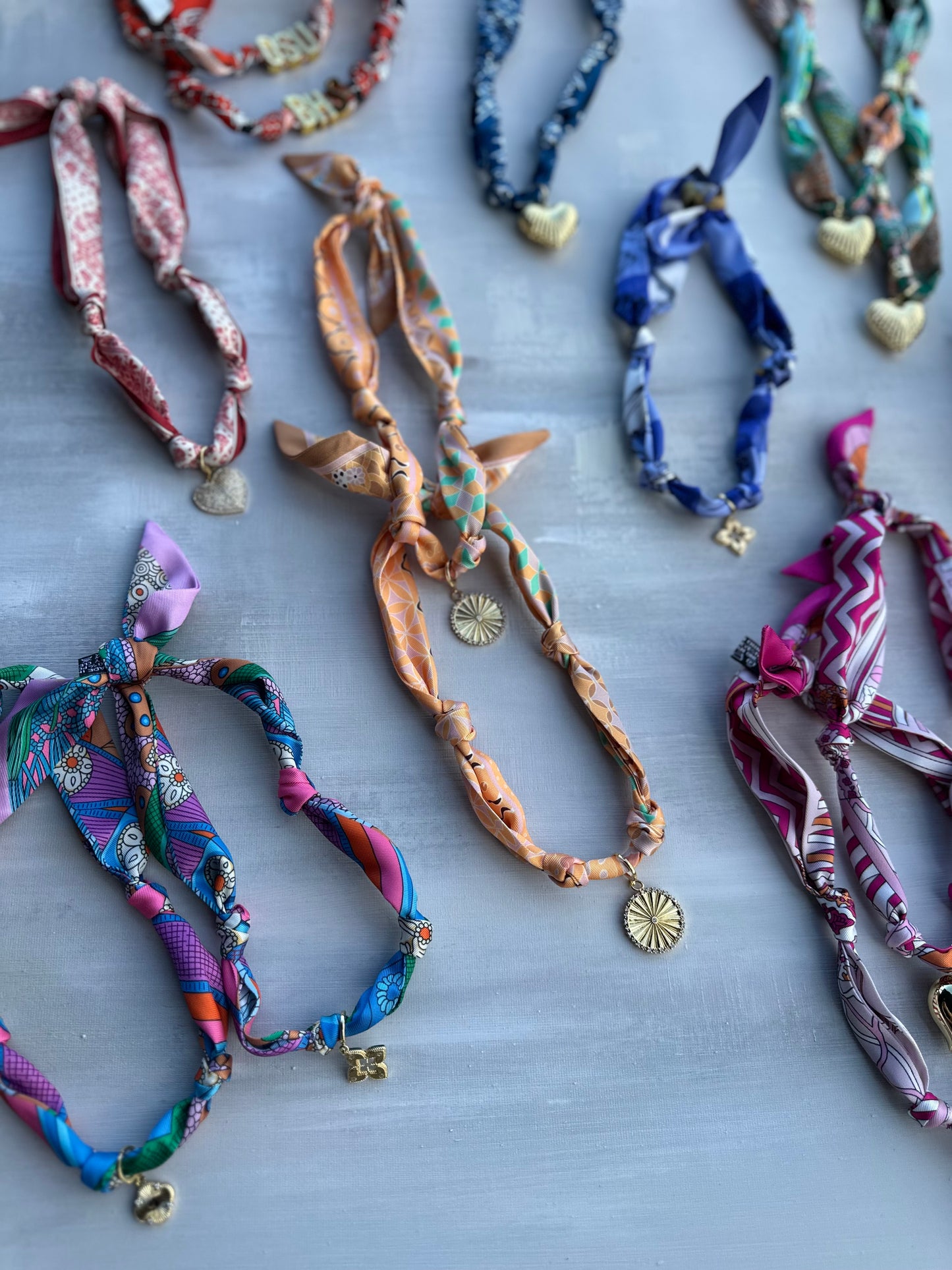 Multi Color Scarf Necklace with Clover Charm