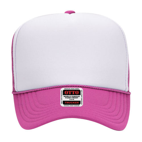 Hot Pink and White 5 Panel High Crown Mesh Back Trucker Hat