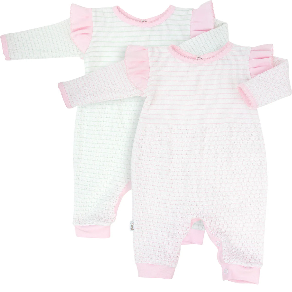 Paty Knit Long Sleeve Pinstripe Romper with Ruffle Shoulder Trim-Mint with Pink Trim-3 months