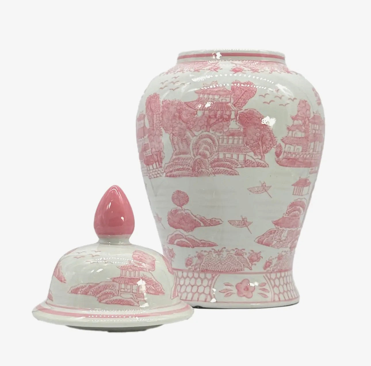 Pink and White Chinoiserie Ceramic Jar