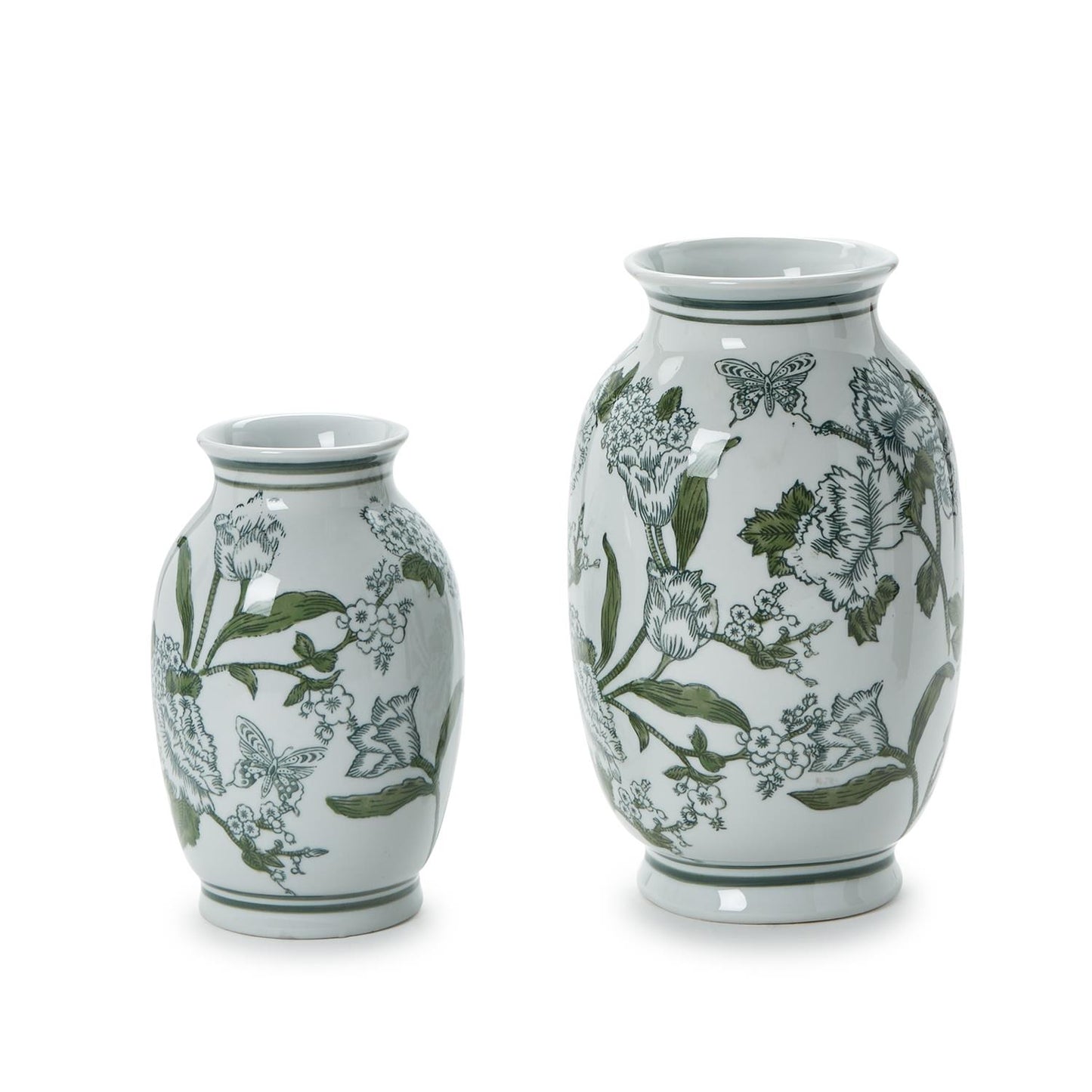Primrose and Lotus Green and White Chinoiserie Vases