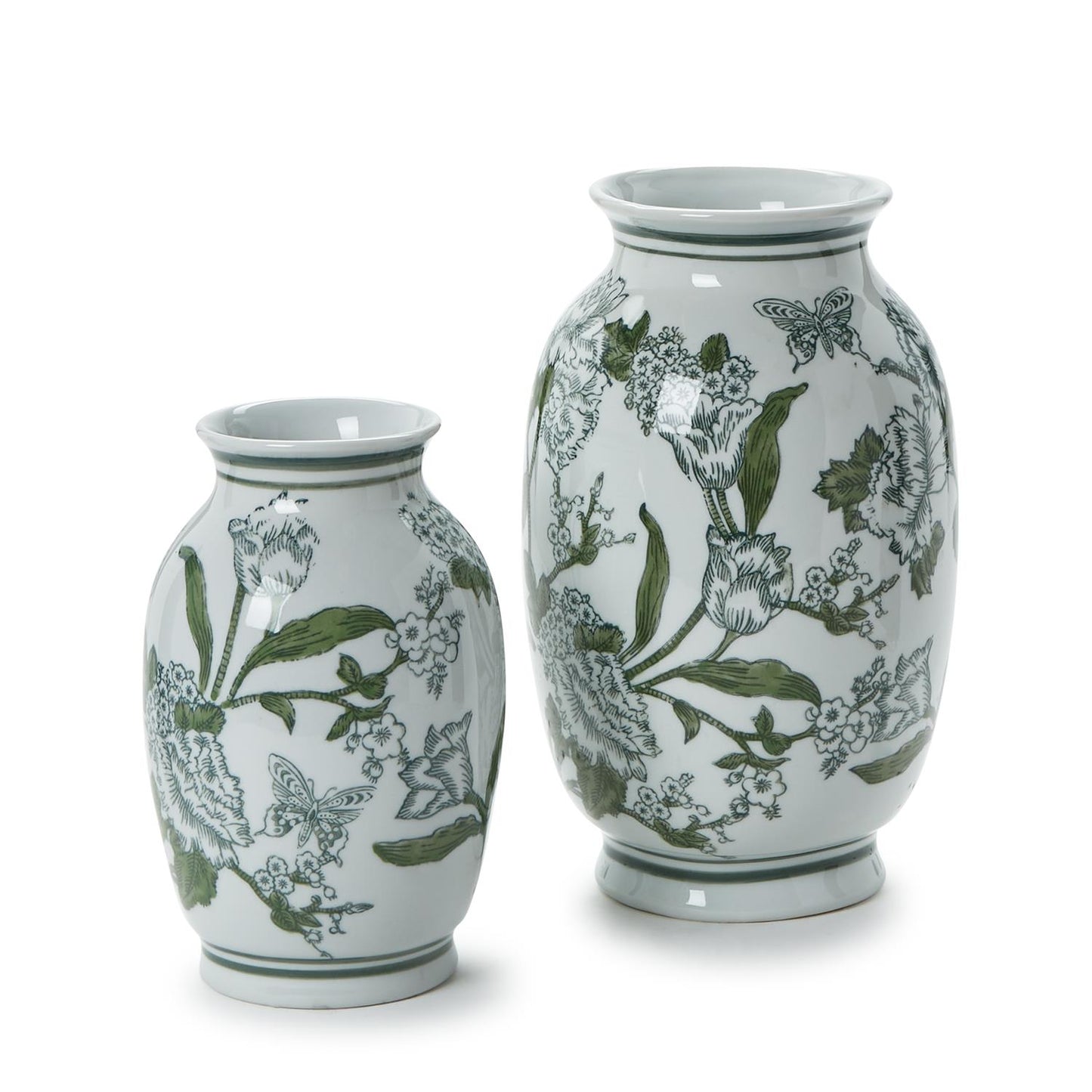 Primrose and Lotus Green and White Chinoiserie Vases