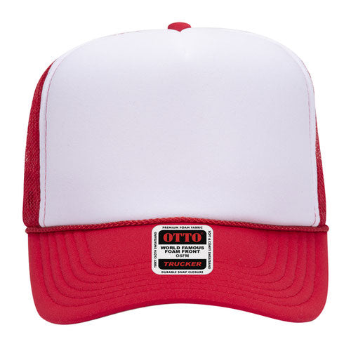 Red and White 5 Panel High Crown Mesh Back Trucker Hat