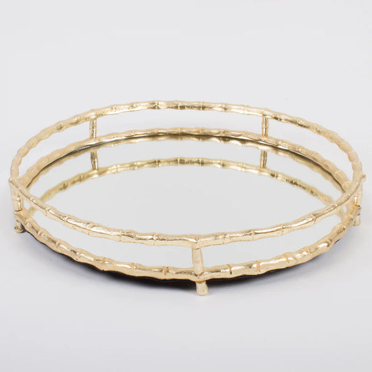 Round Mirrored Tray - Gold Bamboo