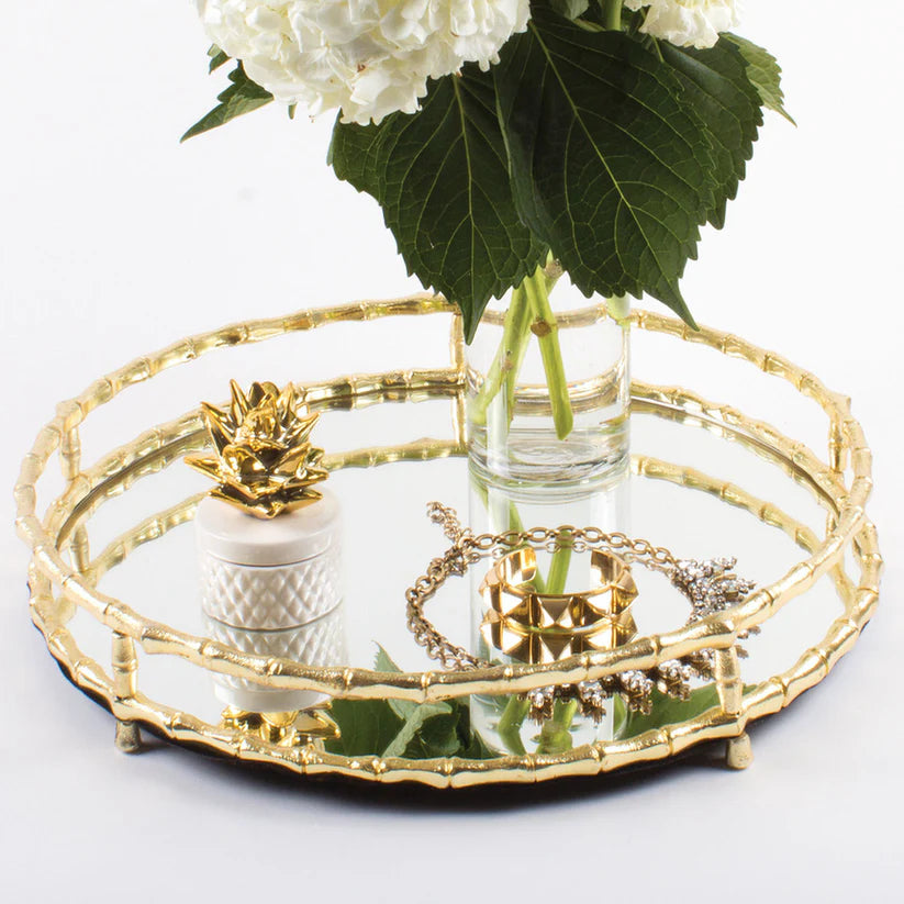 Round Mirrored Tray - Gold Bamboo