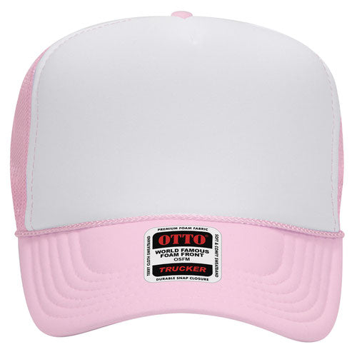 Light Pink and White 5 Panel High Crown Mesh Back Trucker Hat