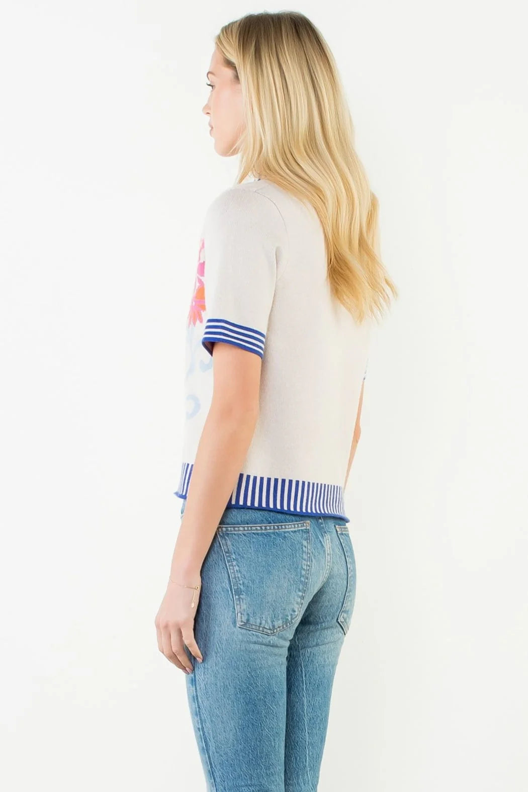 Knit Floral Stripe Trim Top