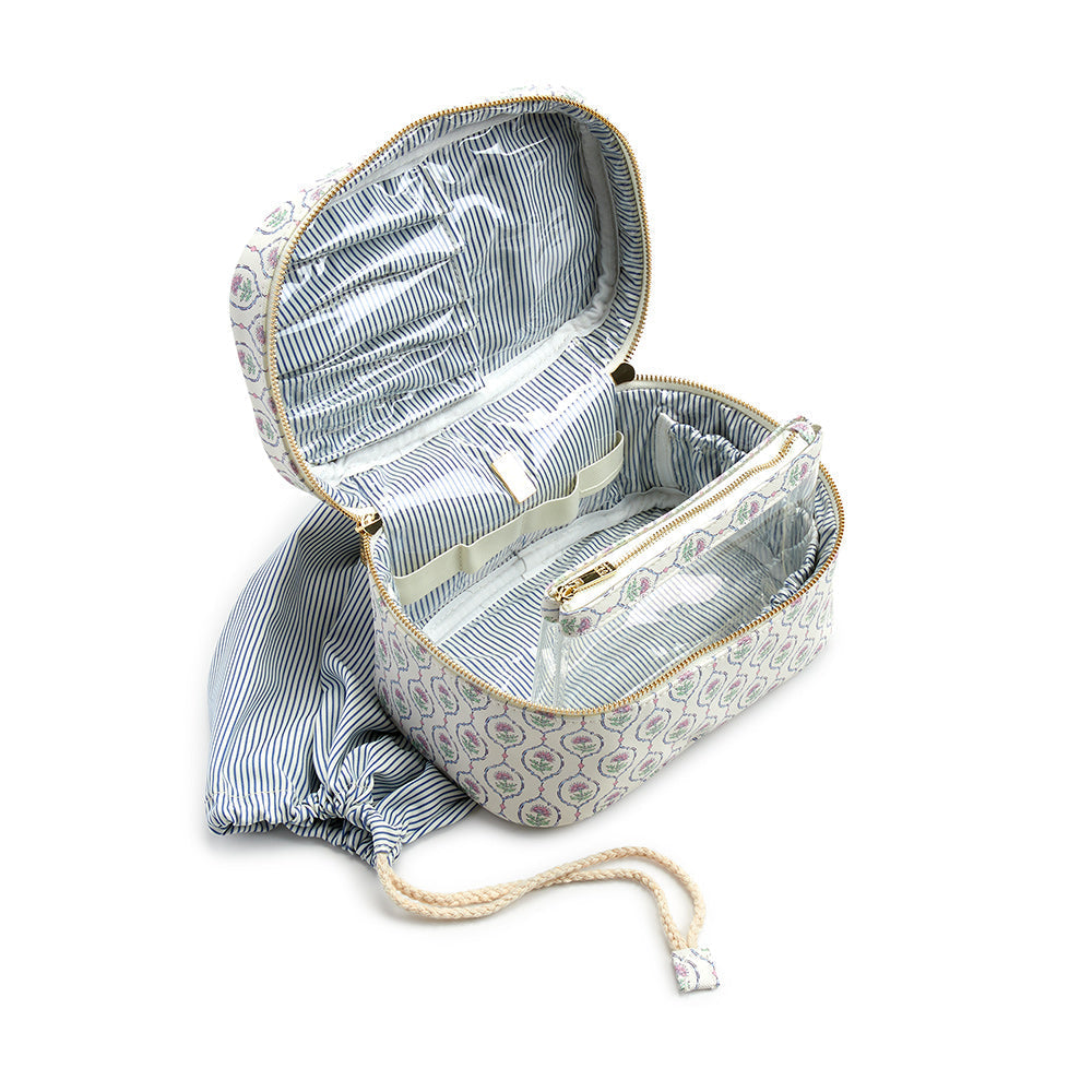 Trvl- Luxe Cosmetic Case ANTIBES with Navy Pinstripe Liner