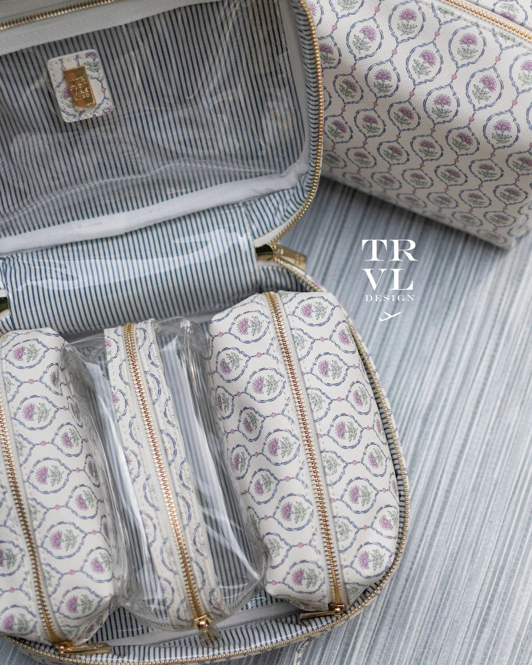 Trvl-LUXE Cosmetic Toiletry Case - ANTIBES with Navy Pinstripe Liner