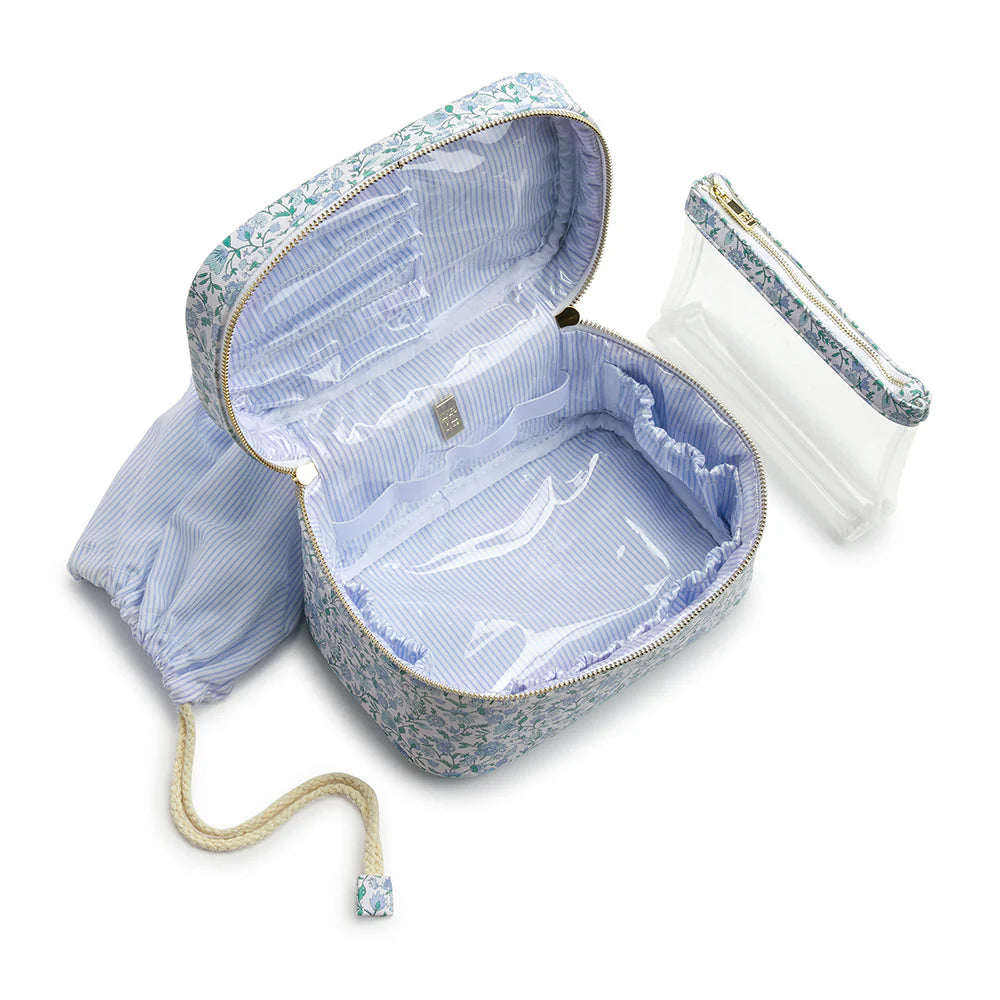 Trvl- Luxe Cosmetic Case HAMPTONS FLORAL with Chambray Pinstripe Liner