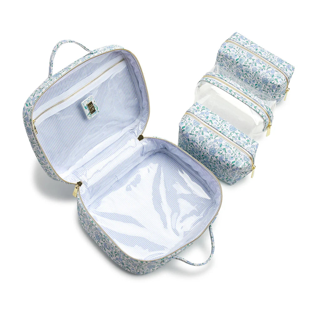Trvl- Cosmetic Toiletry Case - HAMPTONS FLORAL with Chambray Pinstripe Liner