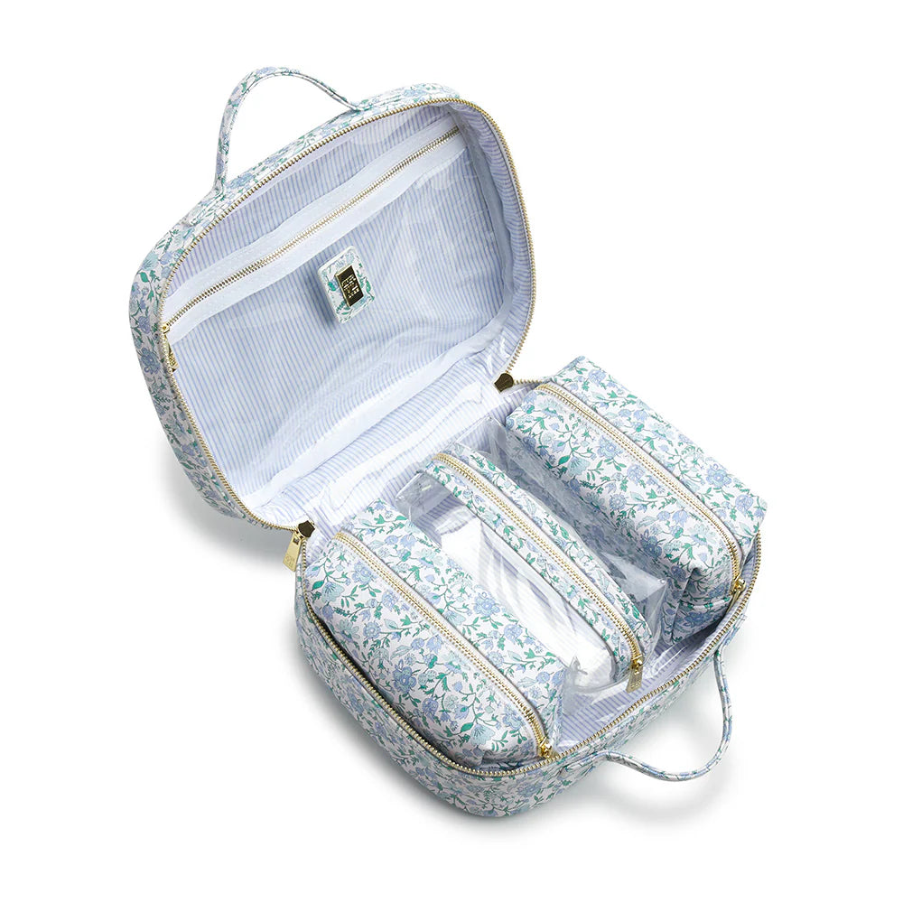 Trvl- Cosmetic Toiletry Case - HAMPTONS FLORAL with Chambray Pinstripe Liner