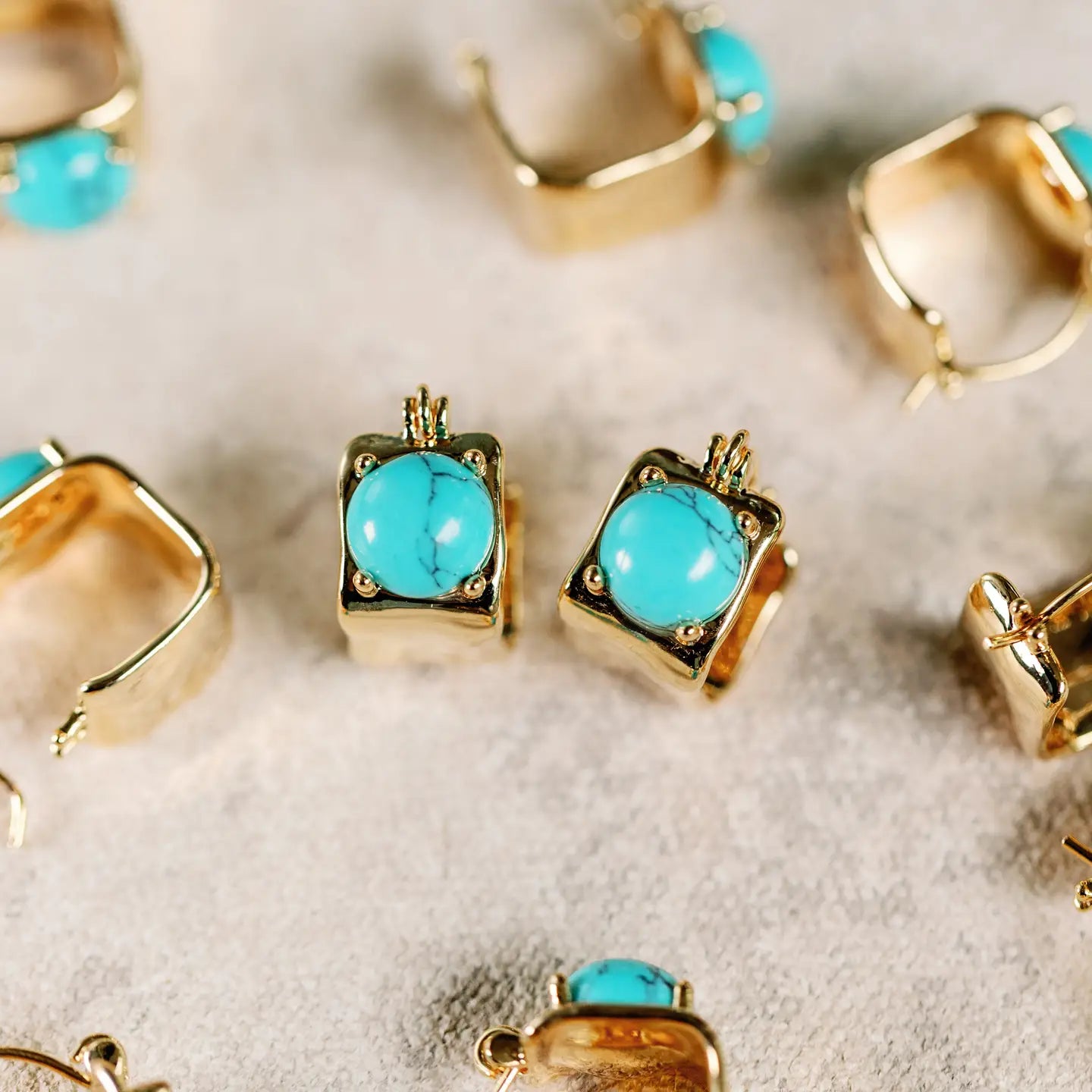 Vintage Mini Square Gold and Turquoise Huggie Hoop Earrings