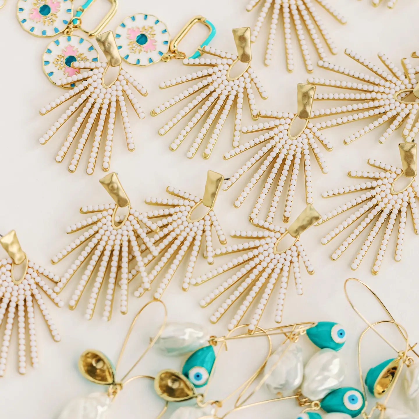White Sunburst Statement Drop Earrings