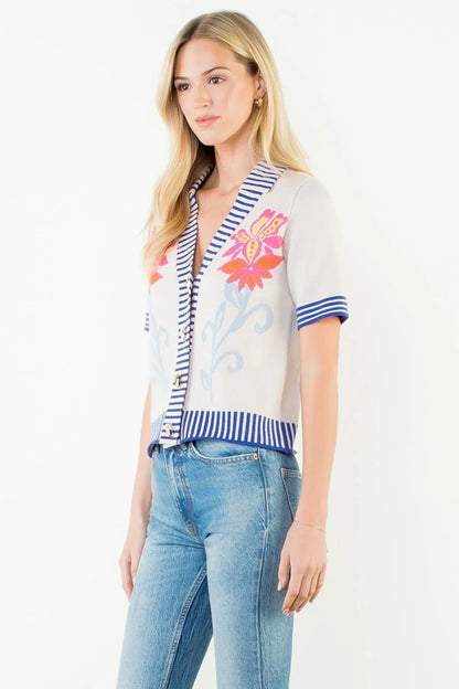Knit Floral Stripe Trim Top