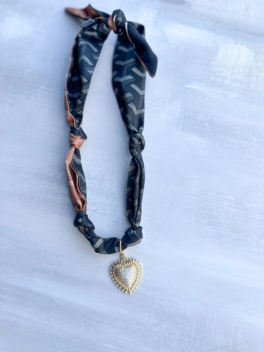 Black and Brown Herringbone Scarf Necklace with Heart Charm