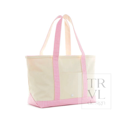 TRVL Medium Tote-Coated Canvas with Gingham Pink