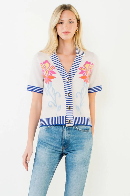 Knit Floral Stripe Trim Top