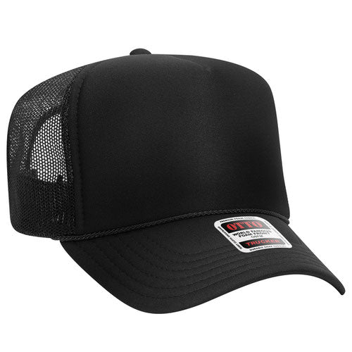 Black 5 Panel High Crown Mesh Back Trucker Hat