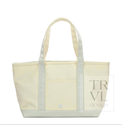 TRVL Medium Tote-Coated Canvas with Gingham Pearl Grey