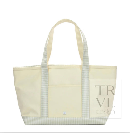 TRVL Medium Tote-Coated Canvas with Gingham Pearl Grey