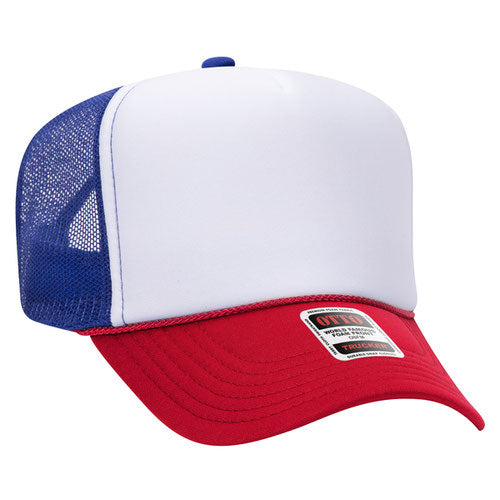 Red White and Blue 5 Panel High Crown Mesh Back Trucker Hat