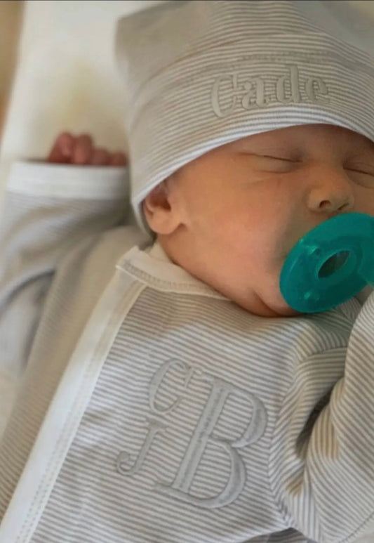 Grey and White Striped Footie with Hat