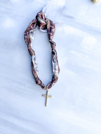 Brown and Gray Herringbone Scarf Necklace with Cross Charm
