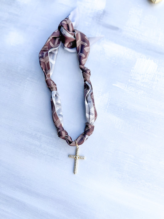 Brown and Gray Herringbone Scarf Necklace with Cross Charm