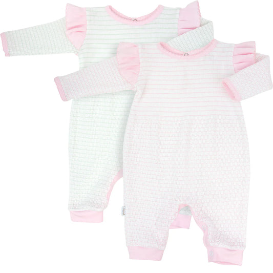 Paty Knit Long Sleeve Pinstripe Romper with Ruffle Shoulder Trim-Mint with Pink Trim-3 months