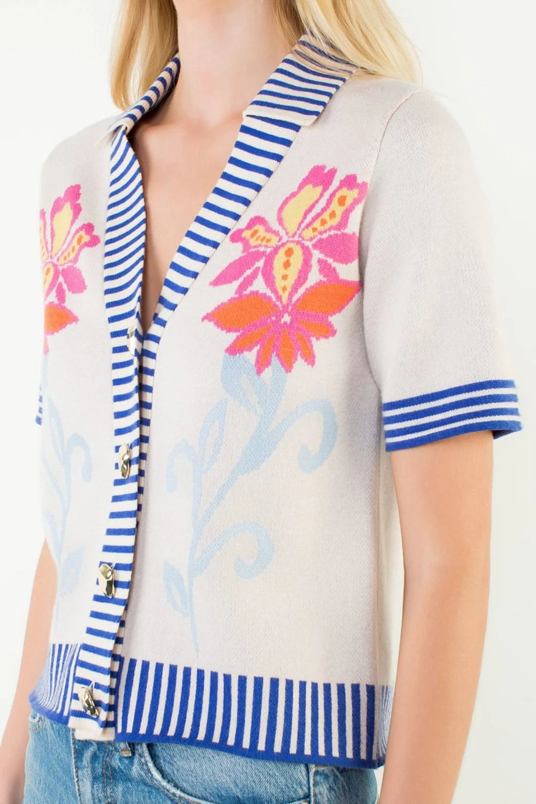 Knit Floral Stripe Trim Top