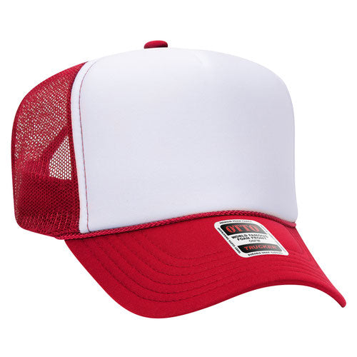 Red and White 5 Panel High Crown Mesh Back Trucker Hat