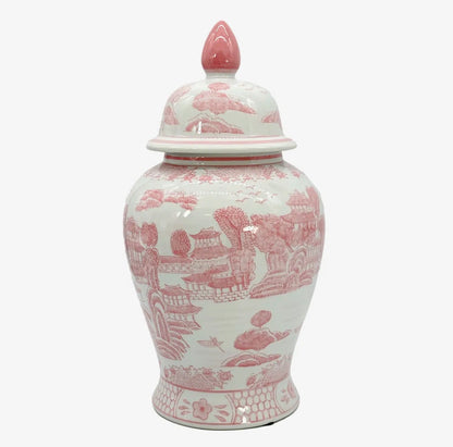 Pink and White Chinoiserie Ceramic Jar