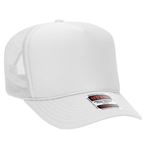 White 5 Panel High Crown Mesh Back Trucker Hat