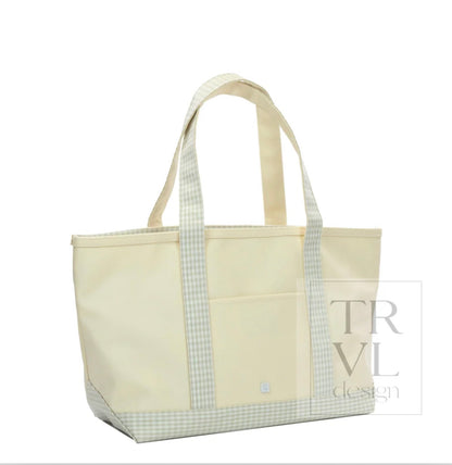 TRVL Medium Tote-Coated Canvas with Gingham Pearl Grey
