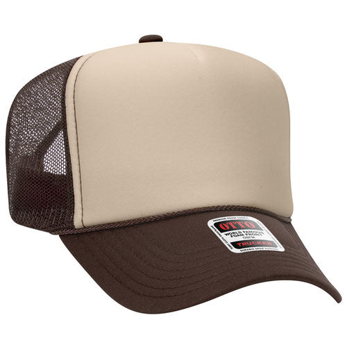 Brown and Tan 5 Panel High Crown Mesh Back Trucker Hat