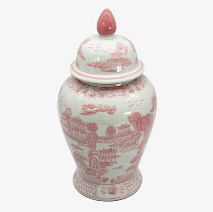 Pink and White Chinoiserie Ceramic Jar