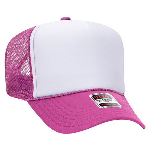 Hot Pink and White 5 Panel High Crown Mesh Back Trucker Hat
