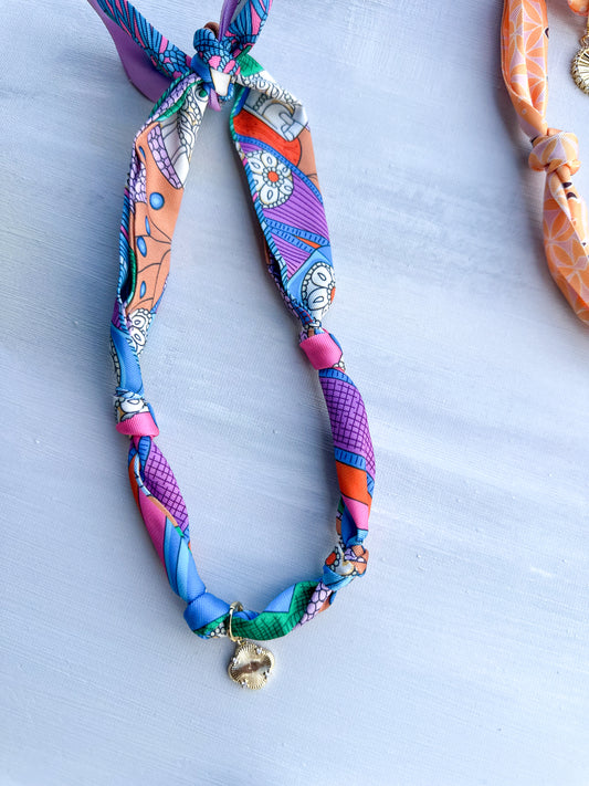 Multi Color Scarf Necklace with Clover Charm