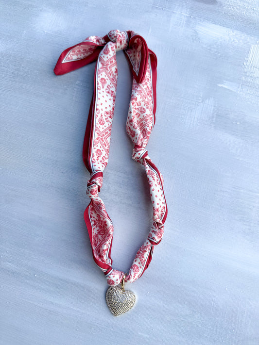 Red and White Paisley Scarf Necklace with Heart Charm