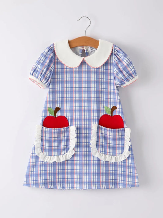 Back To School Pocket Applique Check Girls Dress