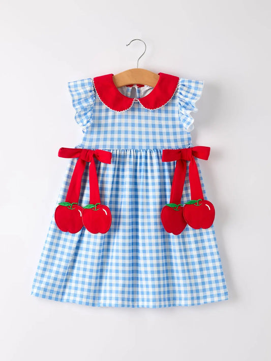 Back To School Girls Striped Lapels Apple Bow Dress