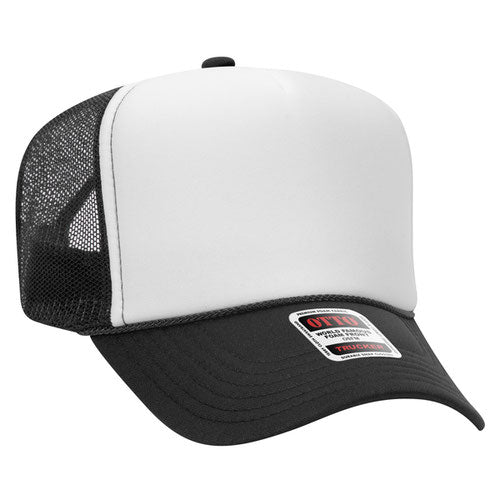 Black and White 5 Panel High Crown Mesh Back Trucker Hat