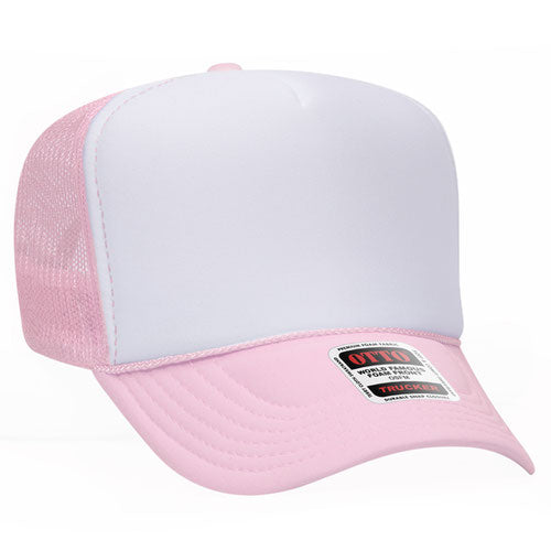 Light Pink and White 5 Panel High Crown Mesh Back Trucker Hat
