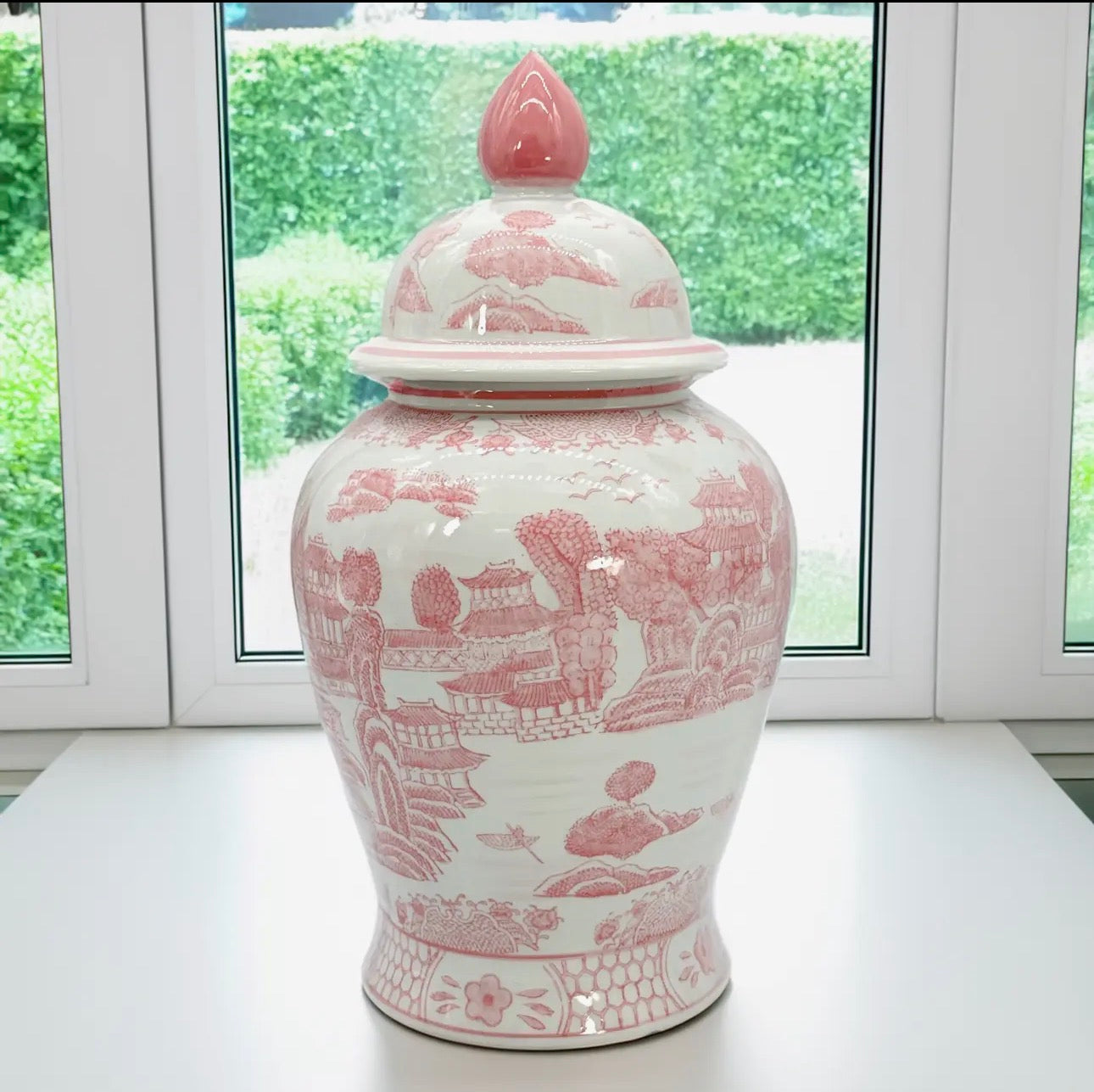 Pink and White Chinoiserie Ceramic Jar
