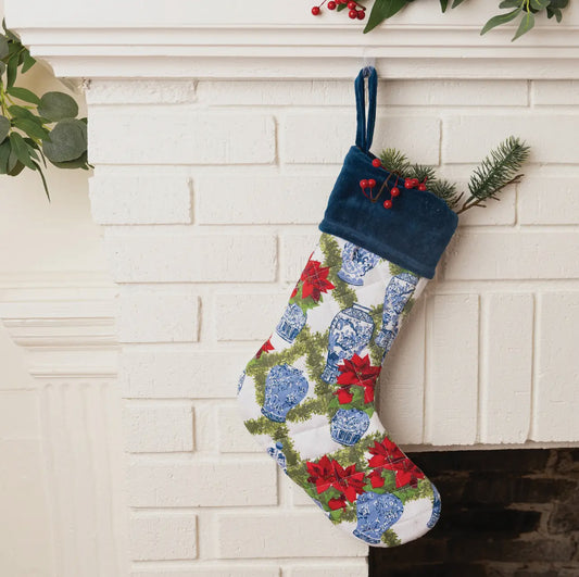 Chinoiserie Poinsettia Quilted Stocking