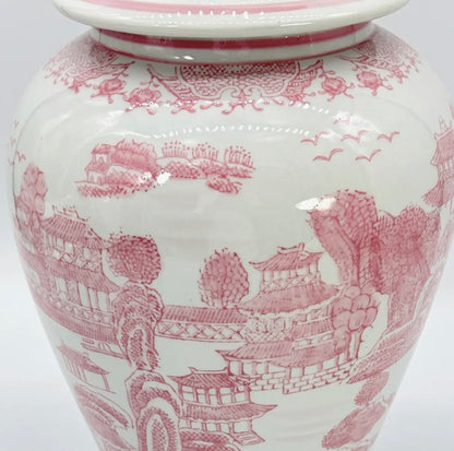 Pink and White Chinoiserie Ceramic Jar