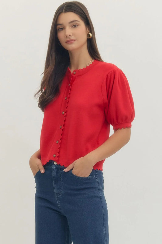 Scallop Red Puff Sleeve Top