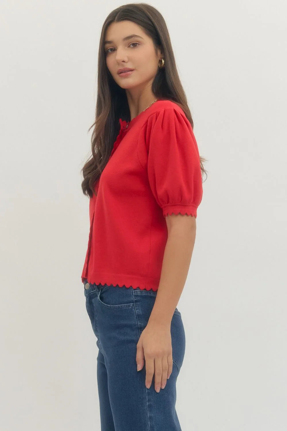 Scallop Red Puff Sleeve Top