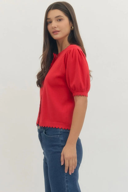 Scallop Red Puff Sleeve Top